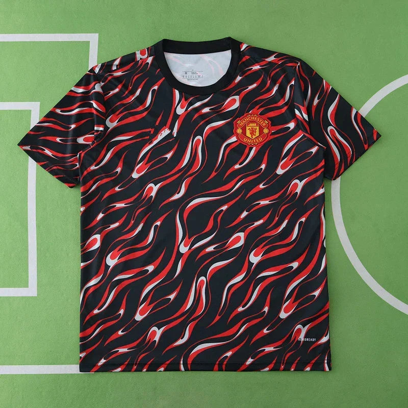 Manchester United Training Shirt Fan Version 2025/26 – Black Red Flame Print Pre-Match Top