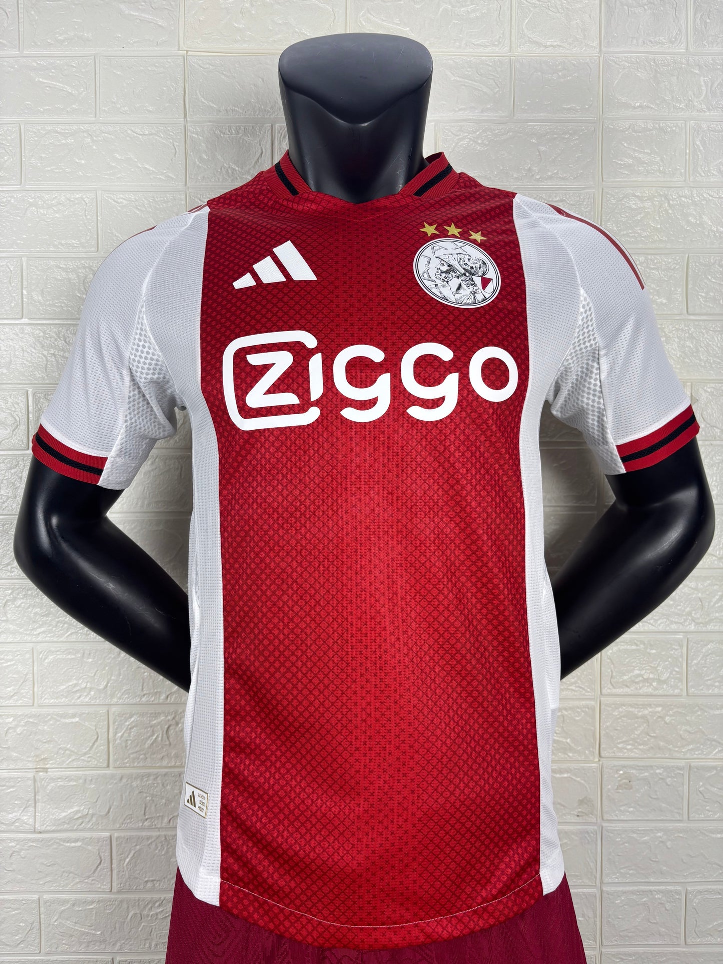 2025/26 Ajax Home Player Version Jersey - Red White - Ziggo - Diamond Texture - Four Gold Stars