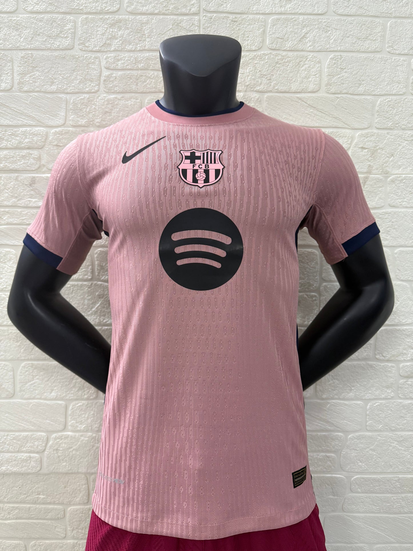 2025/26 FC Barcelona Third Player Version Jersey - Pink Body - Dri-FIT ADV - Pink Crew Neck Navy Blue Trim - Navy Blue Sleeve Cuffs - Black Nike Swoosh - FCB Pink Monochrome Crest - Spotify Black Sponsor