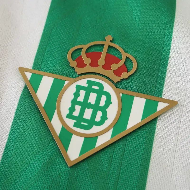 Real Betis Balompié Home Fan Version 2024/25 X Edition – Green & White Vertical Stripe La Liga Football Jersey | Gold Crest