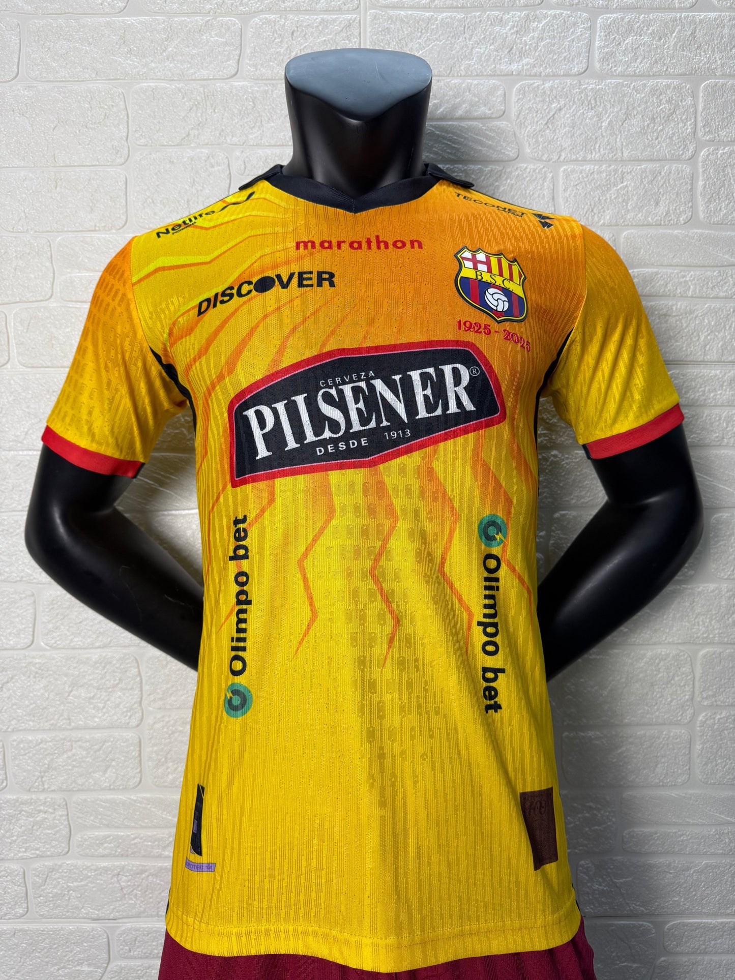2025/26 Barcelona SC 100th Anniversary Player Version Jersey - Yellow Body Orange Flame Gradient - Marathon - Black V-Neck - Red Sleeve Cuffs - BSC Crest 1925-2025 - Pilsener Principal Sponsor