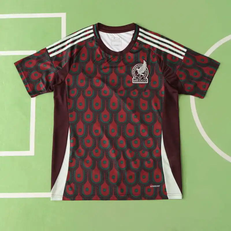 Mexico National Team Home Fan Version Jersey 2024 – Dark Red Green Aztec Feather Print Football Shirt