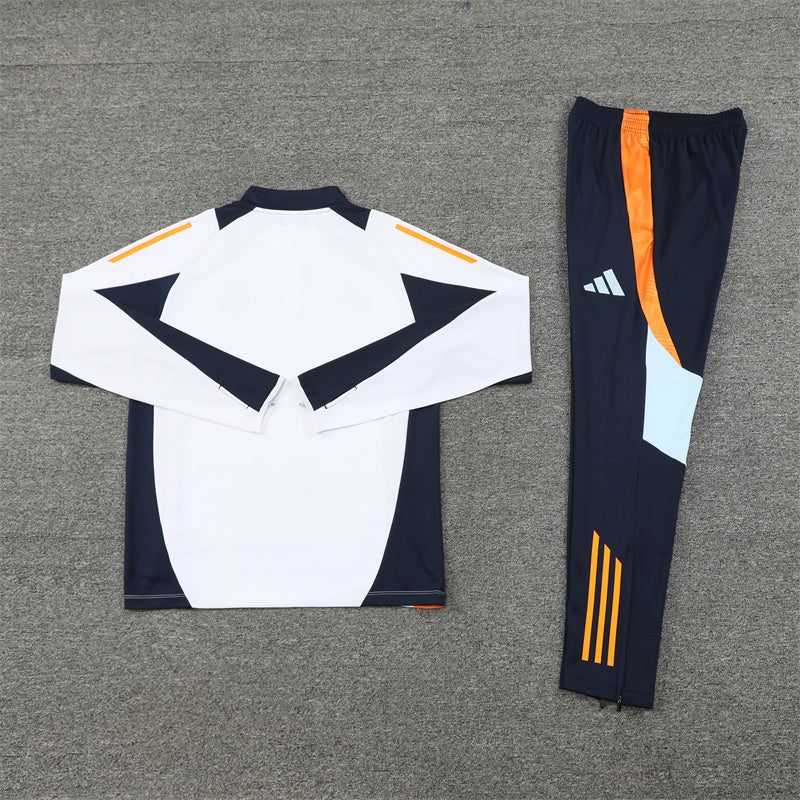 Real Madrid 2024/25 White, Navy & Orange Adidas Training Tracksuit – Quarter-Zip Top & Navy Tapered Pants | Emirates La Liga Training Suit