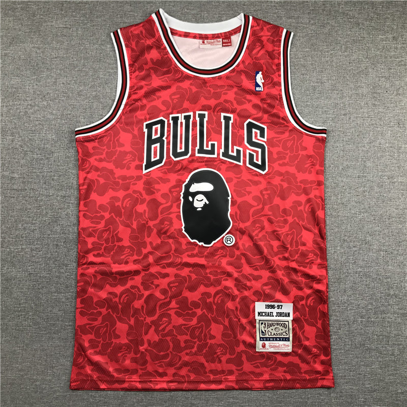 Michael Jordan #23 Chicago Bulls Mitchell & Ness × BAPE Red Camo Ape Head 1996-97 Hardwood Classics Authentic Jersey