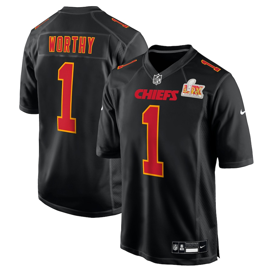 Men's Kansas City Chiefs Xavier Worthy #1 Carbon Black Super Bowl LIX Fashion Game Jerseys