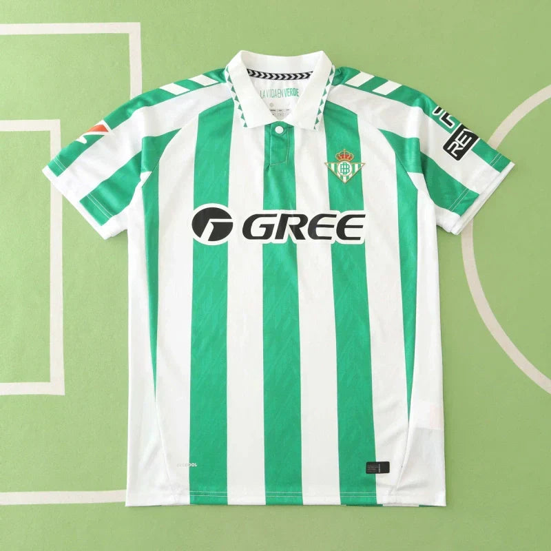Real Betis Balompié Home Fan Version 2024/25 X Edition – Green & White Vertical Stripe La Liga Football Jersey | Gold Crest