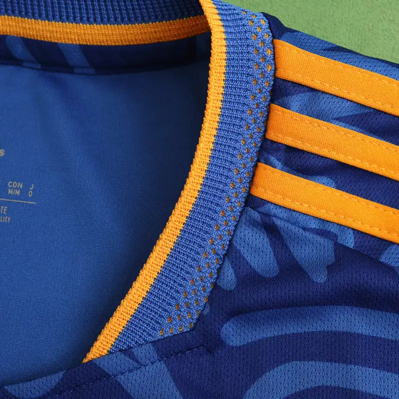 Real Madrid CF Away Fan Version 2021/22 – Blue Graffiti Street Art All-Over Print Adidas Football Jersey | Orange Stripe La Liga Shirt