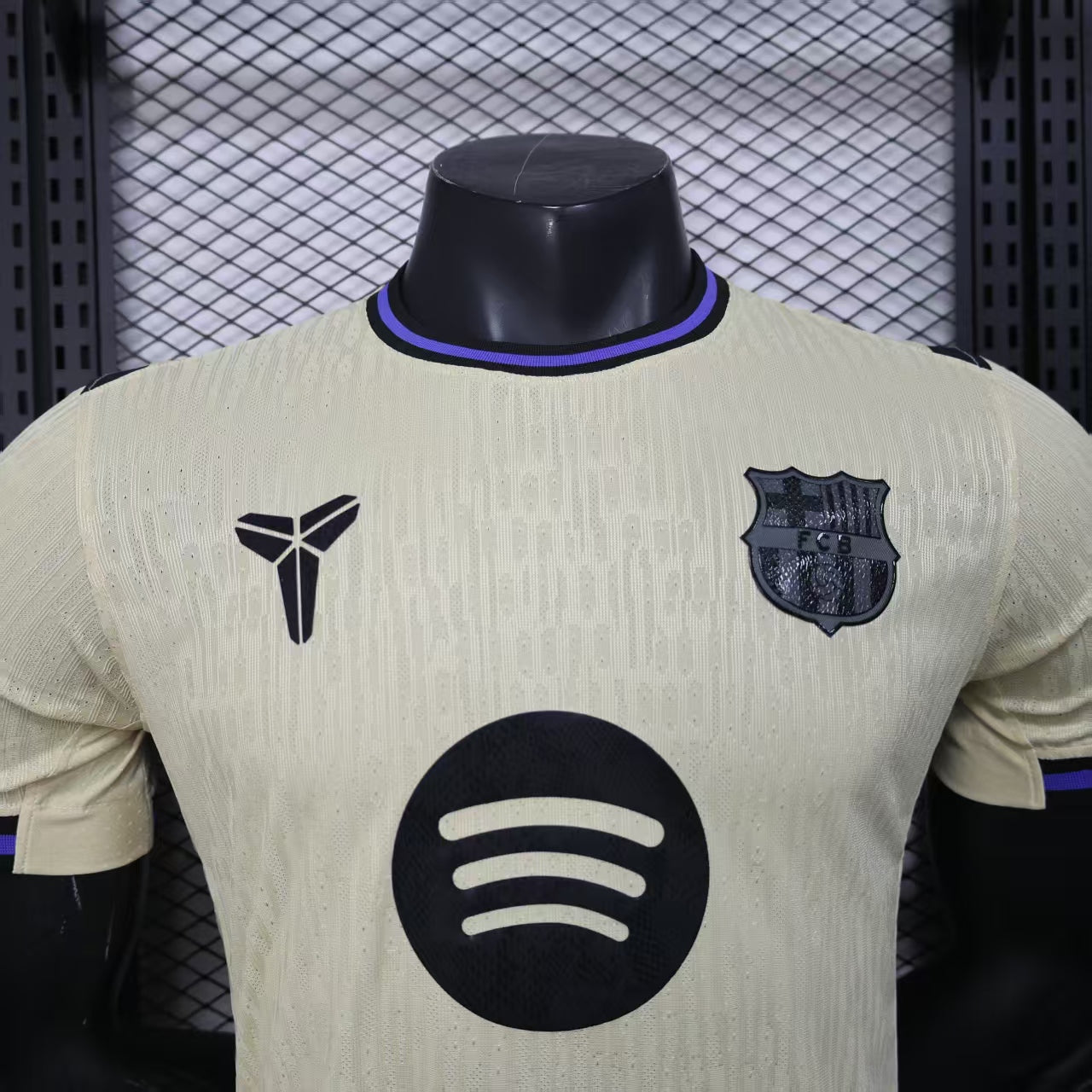 2025/26 FC Barcelona Away Player Version Jersey - Dri-FIT ADV - Champagne Off-White Body - Purple Crew Neck Collar - Black Shoulder Panels - Black FCB Crest - Spotify Black Sponsor