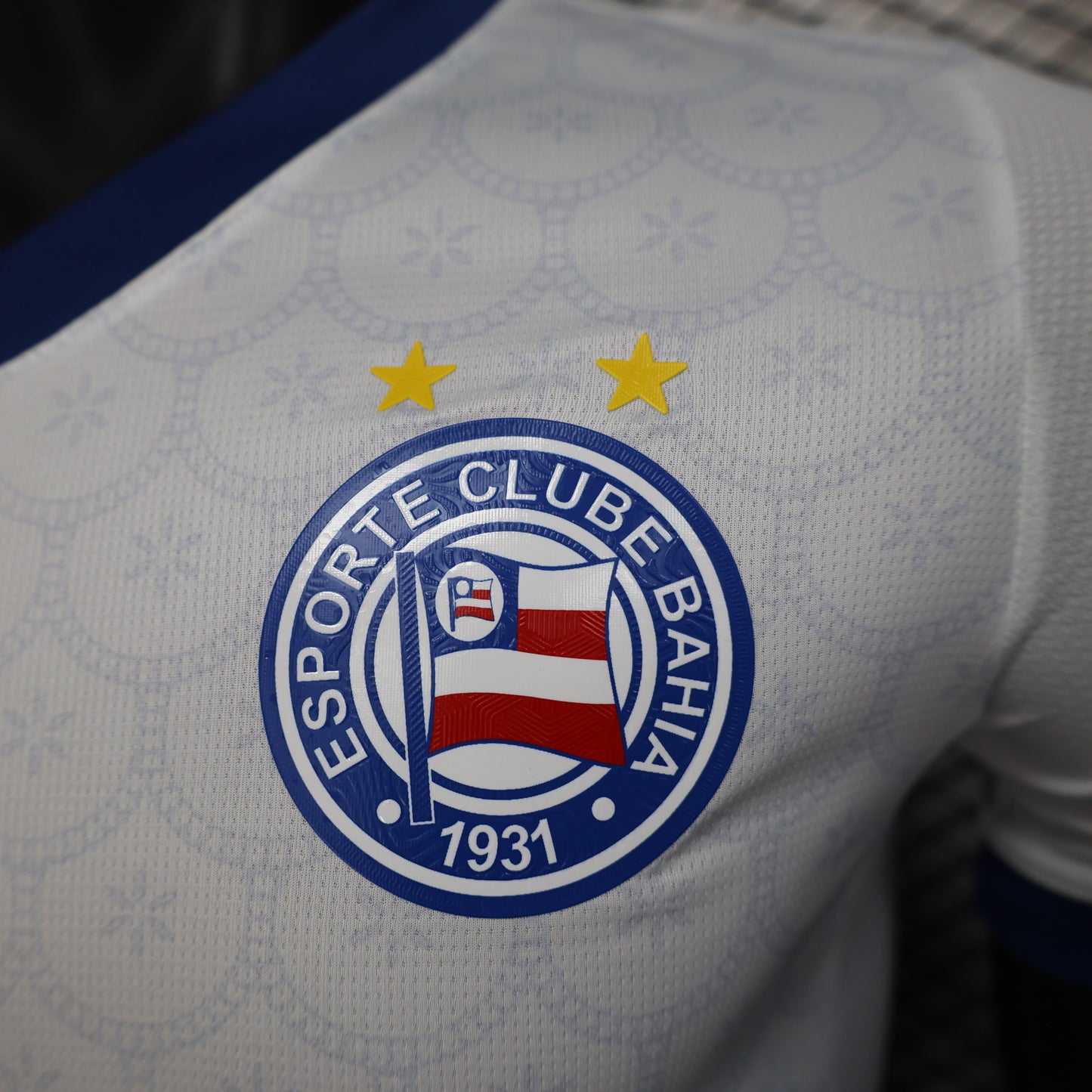 2025/26 Bahia Home Player Version Jersey -  White Body - Dark Navy Blue V-Neck Collar & Sleeve Cuffs - Black Puma Logo - Bahia Crest Three Gold Stars - Clean Chest