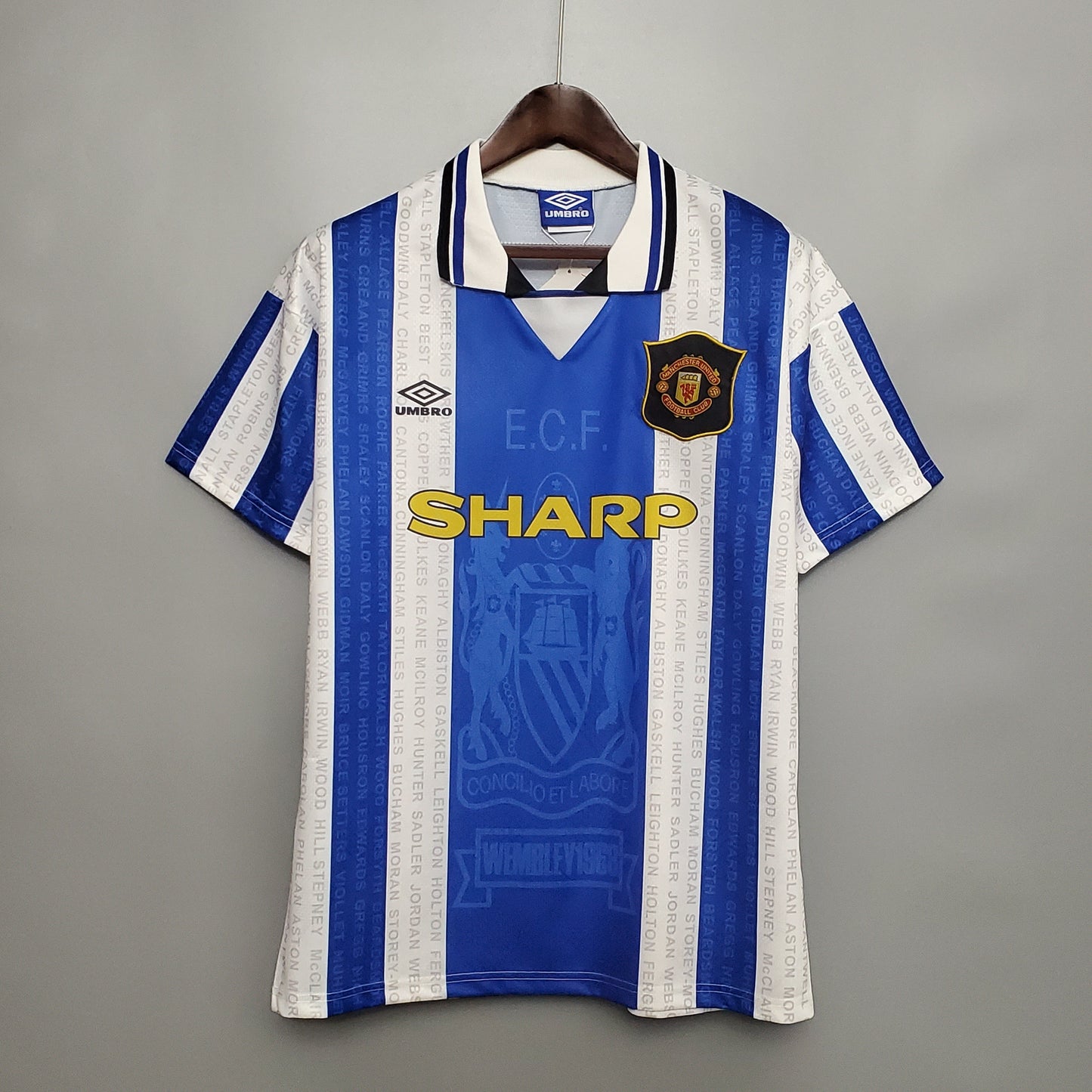 Manchester United 1994-96 Away Retro Jersey – Umbro Blue White Stripe Player Names Kit | Cantona Beckham Sharp Era