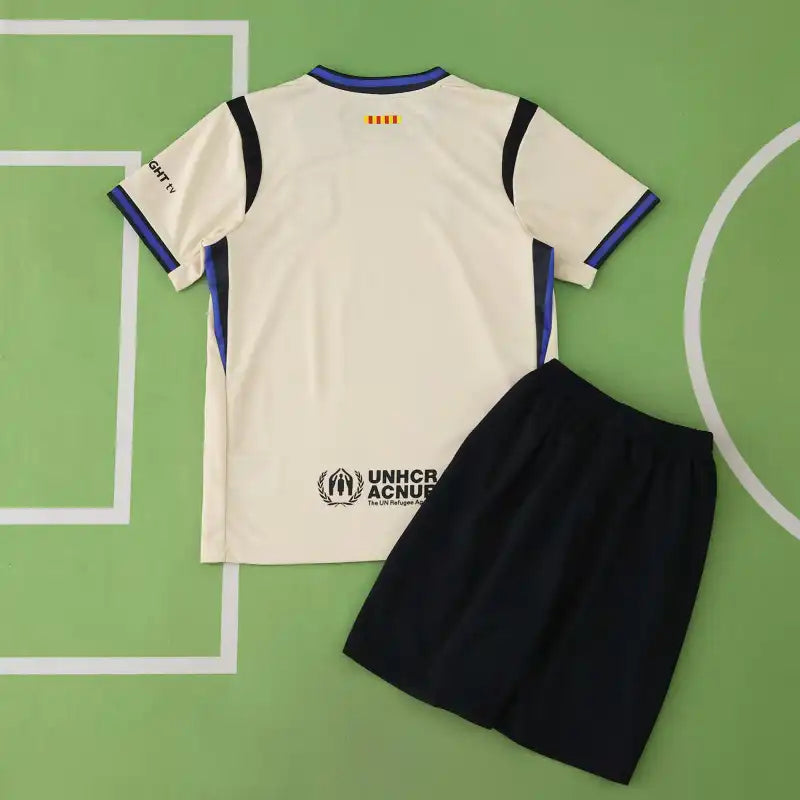 FC Barcelona Away Kids Kit 2025/26 — Cream White & Navy Spotify Edition