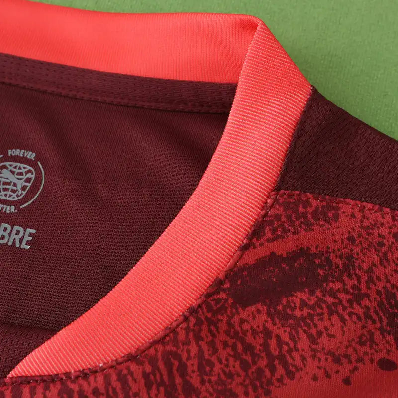 RB Leipzig Away Fan Version 2024/25 – Maroon & Red Brushstroke Print Bundesliga Football Jersey | Double Bull Crest