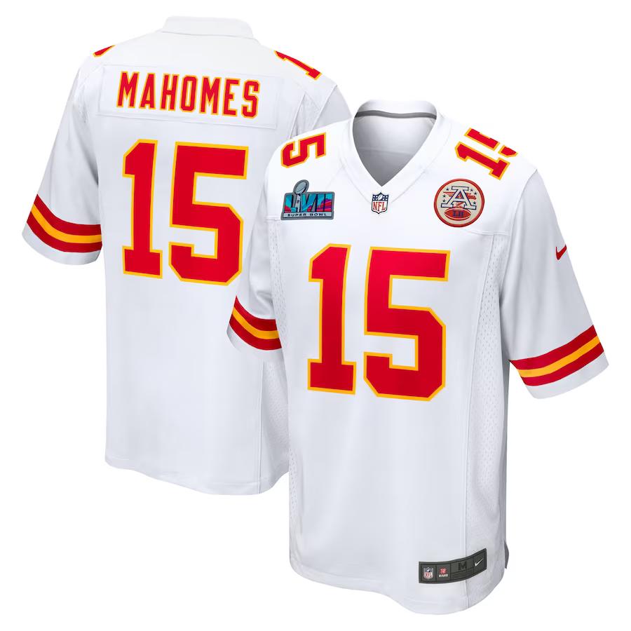 Men's Kansas City Chiefs Patrick Mahomes #15 White Super Bowl LVII Patch Away Game Jerseys