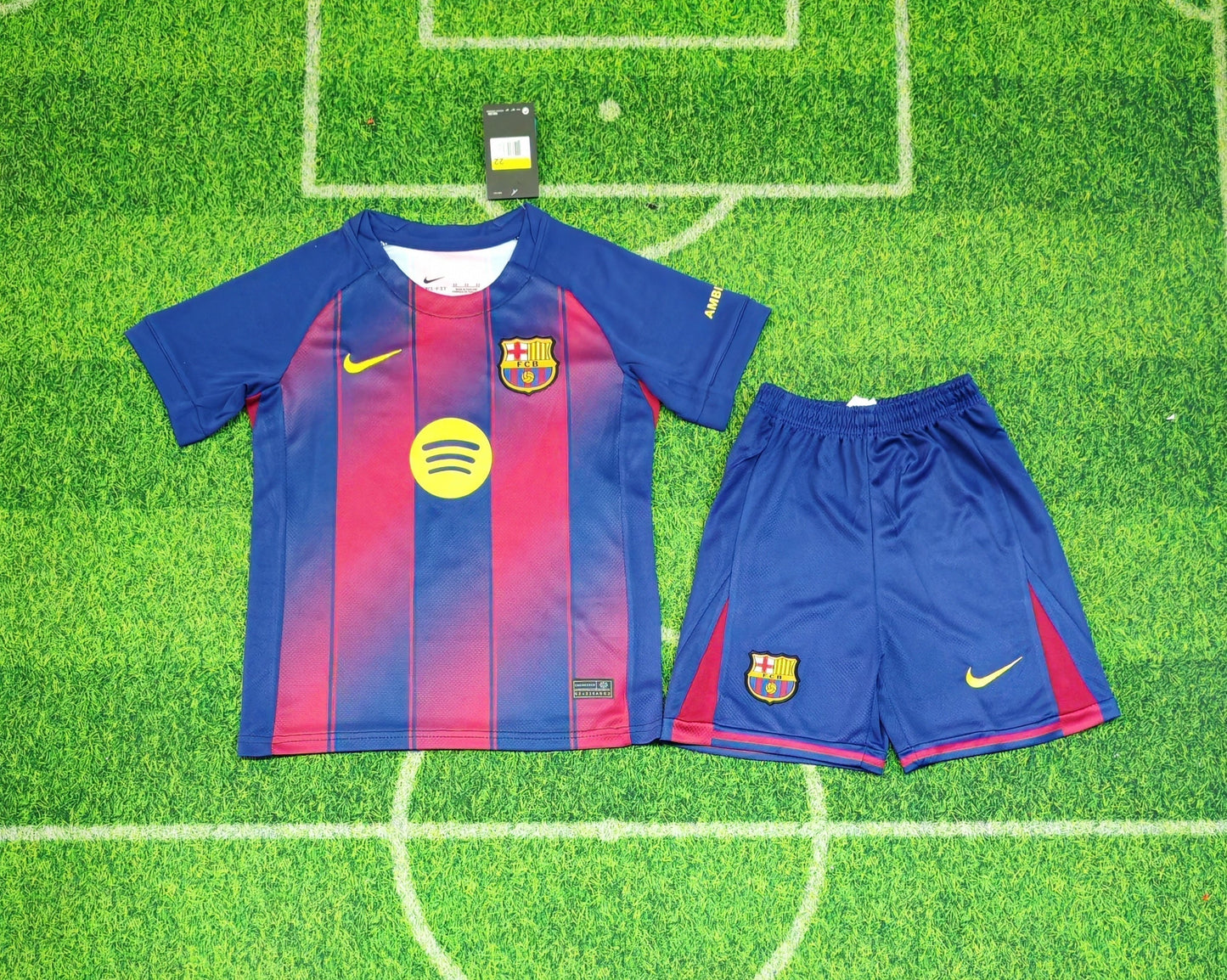 2025/26 FC Barcelona Home Kit for Kids - Jersey & Shorts Set - Royal Blue & Deep Red Vertical Wide Stripe - White Crew Neck - Yellow Nike Swoosh - FCB Crest - Spotify Yellow Sponsor