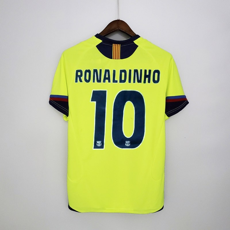 Barcelona 2005-06 Away Retro Jersey – Nike Fluorescent Yellow Navy Blue Ronaldinho Messi Eto'o Xavi Iniesta Puyol Champions League Winner Fan Version Football Shirt