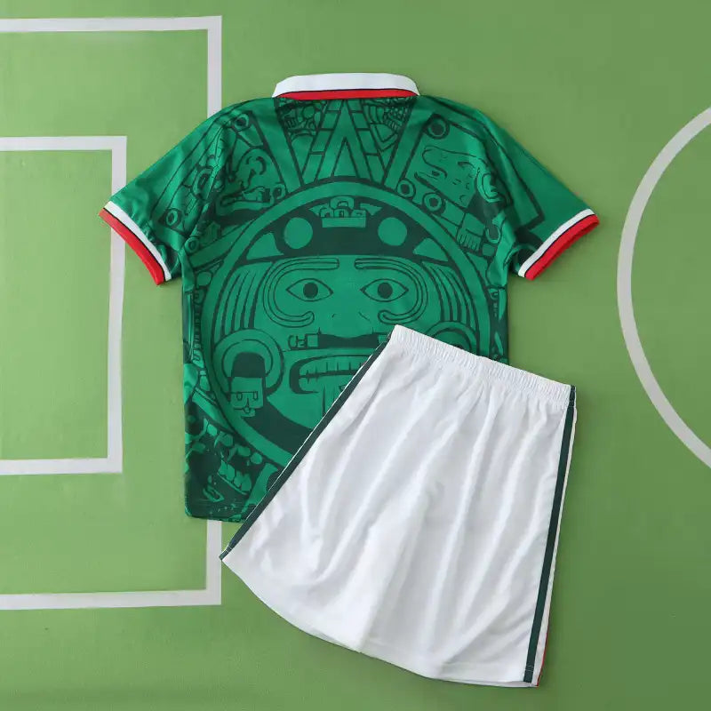 Mexico Home Retro Kids Kit 1998 – Green Aztec Sun Stone France World Cup Children's Football Shirt & Shorts Set
