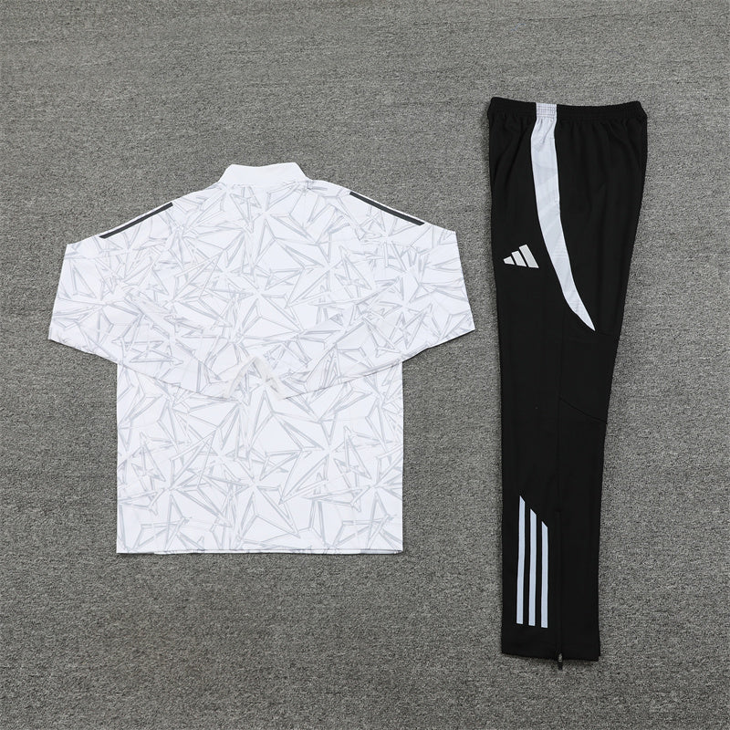 Real Madrid 2024/25 White Geometric Crystal Pattern Adidas Training Tracksuit – Quarter-Zip Top & Black Tapered Pants | Emirates La Liga Training Suit