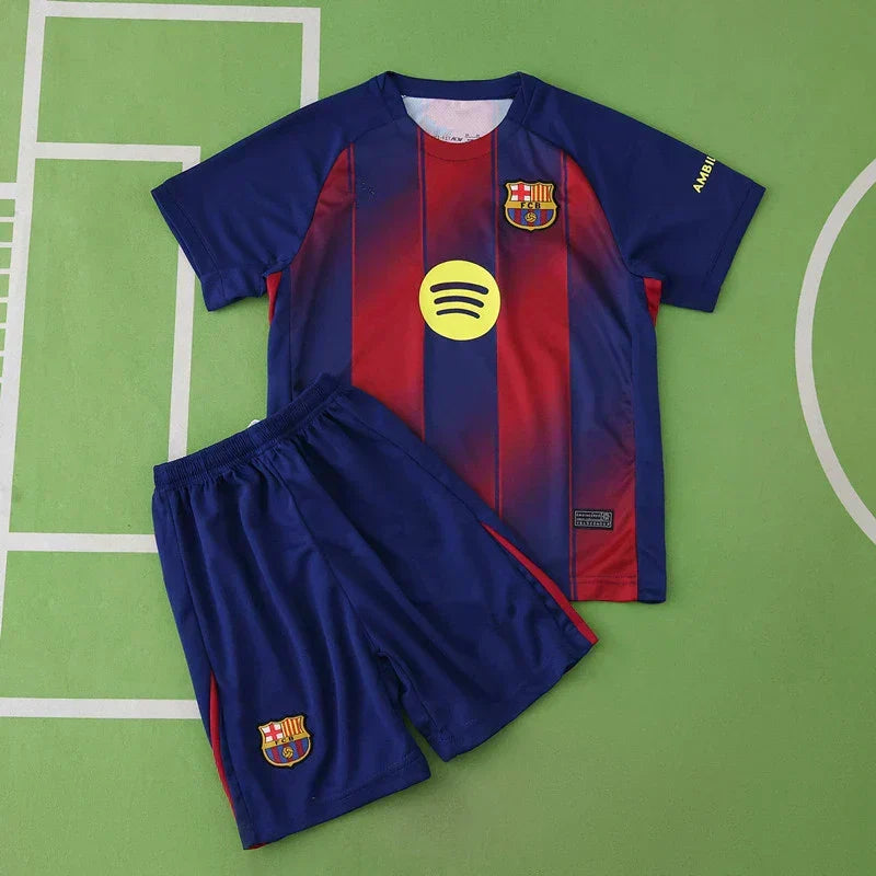 FC Barcelona Home Kids Kit 2025/26 — Blue Red Stripe Spotify Children Jersey & Shorts Set with Name
