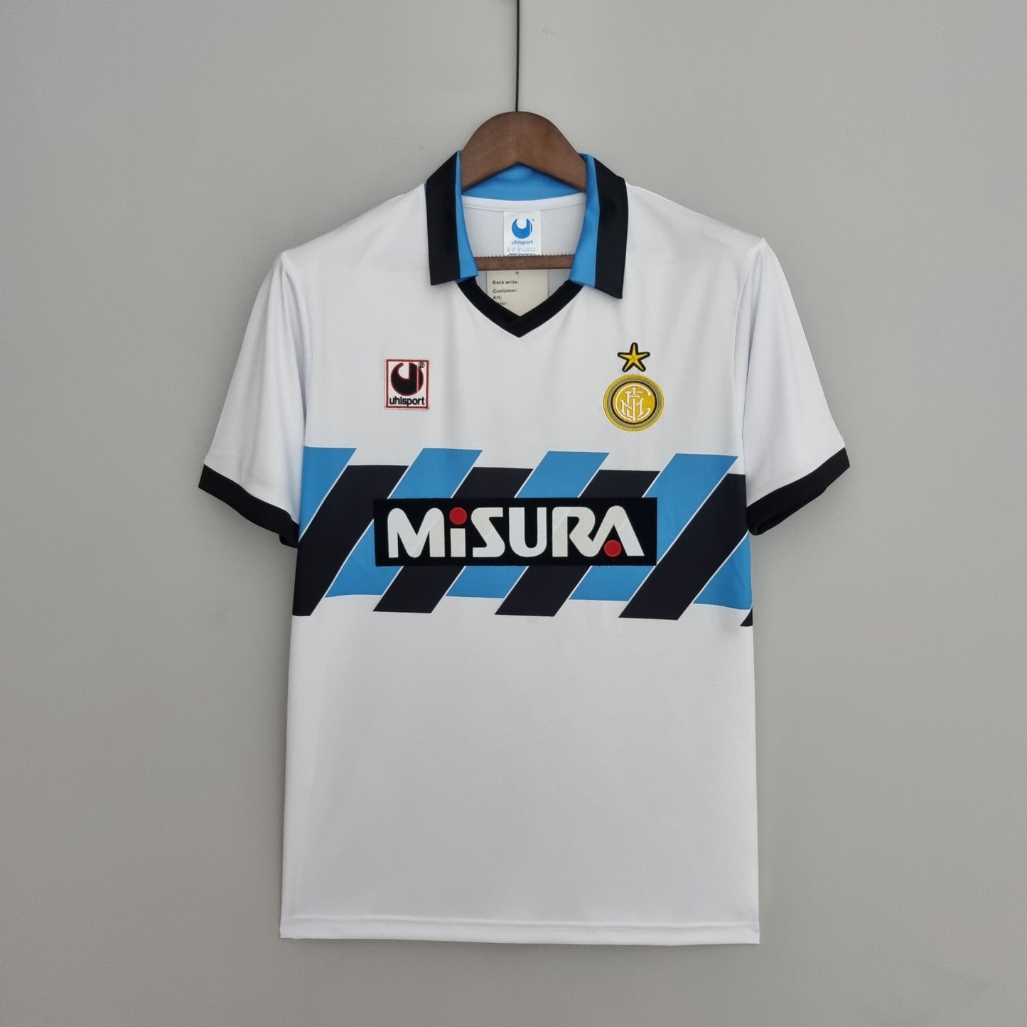 Inter Milan 1990-91 Away Retro Jersey – White Sky Blue Navy Diagonal Stripe Misura Uhlsport One Star Fan Version Football Shirt
