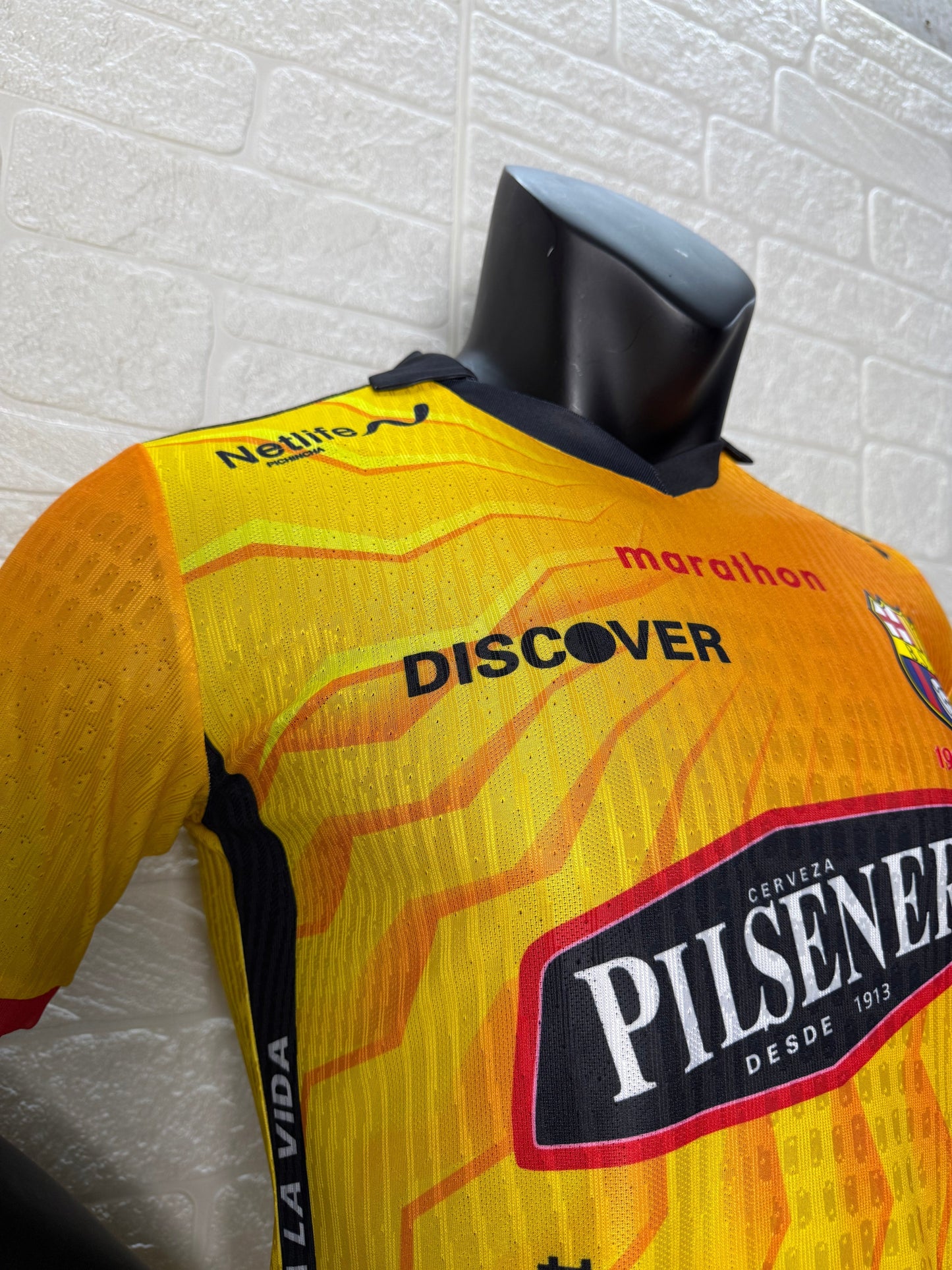 2025/26 Barcelona SC 100th Anniversary Player Version Jersey - Yellow Body Orange Flame Gradient - Marathon - Black V-Neck - Red Sleeve Cuffs - BSC Crest 1925-2025 - Pilsener Principal Sponsor