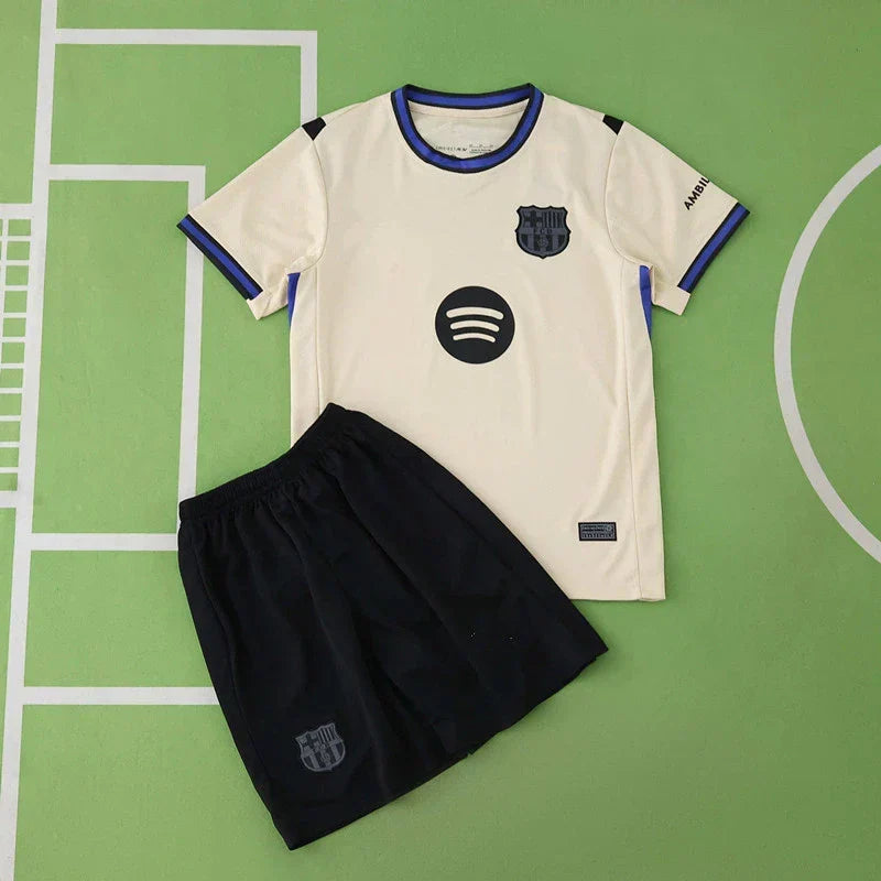 FC Barcelona Away Kids Kit 2025/26 — Cream White & Navy Spotify Edition