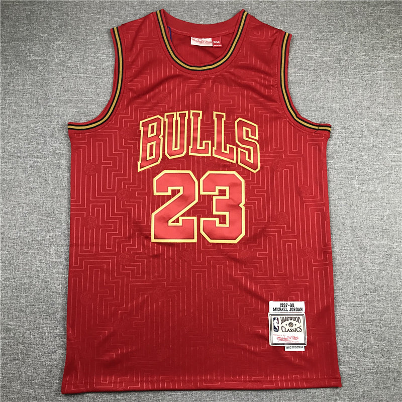 Michael Jordan #23 Chicago Bulls Mitchell & Ness Red Gold Maze Texture 1997-98 Hardwood Classics Swingman Jersey