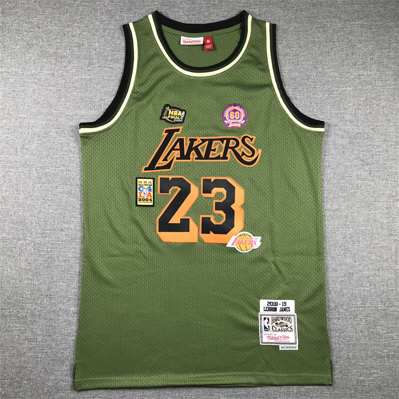 LeBron James #23 Los Angeles Lakers Army Green 2018-19 Mitchell & Ness Hardwood Classics Military Multi-Patch Swingman Jersey