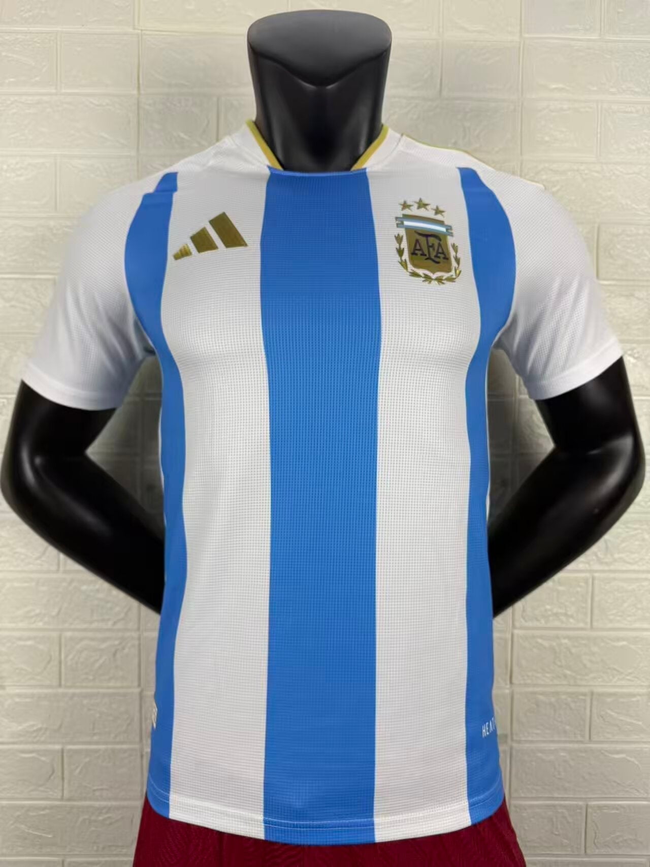 2025/26 Argentina Home Player Version Jersey - White Body Wide Sky Blue Central Vertical Stripe Fine Grid Texture Three Gold Stars Gold Collar Trim - Gold Three Stripes - AFA Square Crest