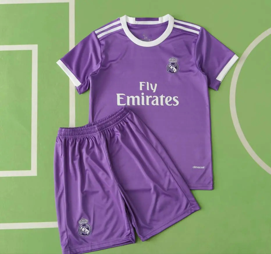 Real Madrid CF Away Kids Kit 2016/17 – Purple & White Adidas Children's Jersey & Shorts Set | Ronaldo #7 UCL Season Youth Football Kit