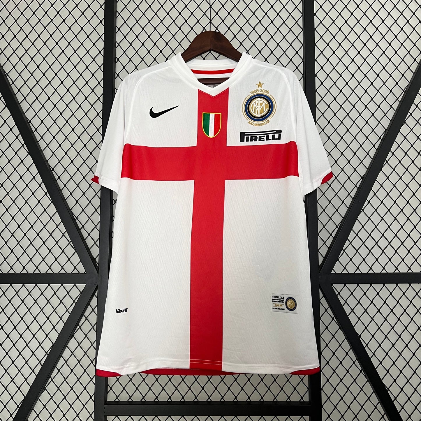 Inter Milan 2007-08 Away Retro Jersey – White Red Cross Croce di San Giorgio Nike Pirelli 100th Anniversary Centenary Crest Zanetti Ibrahimovic Figo Adriano Vieira Cambiasso Maicon Balotelli Serie A Fan Version Football Shirt