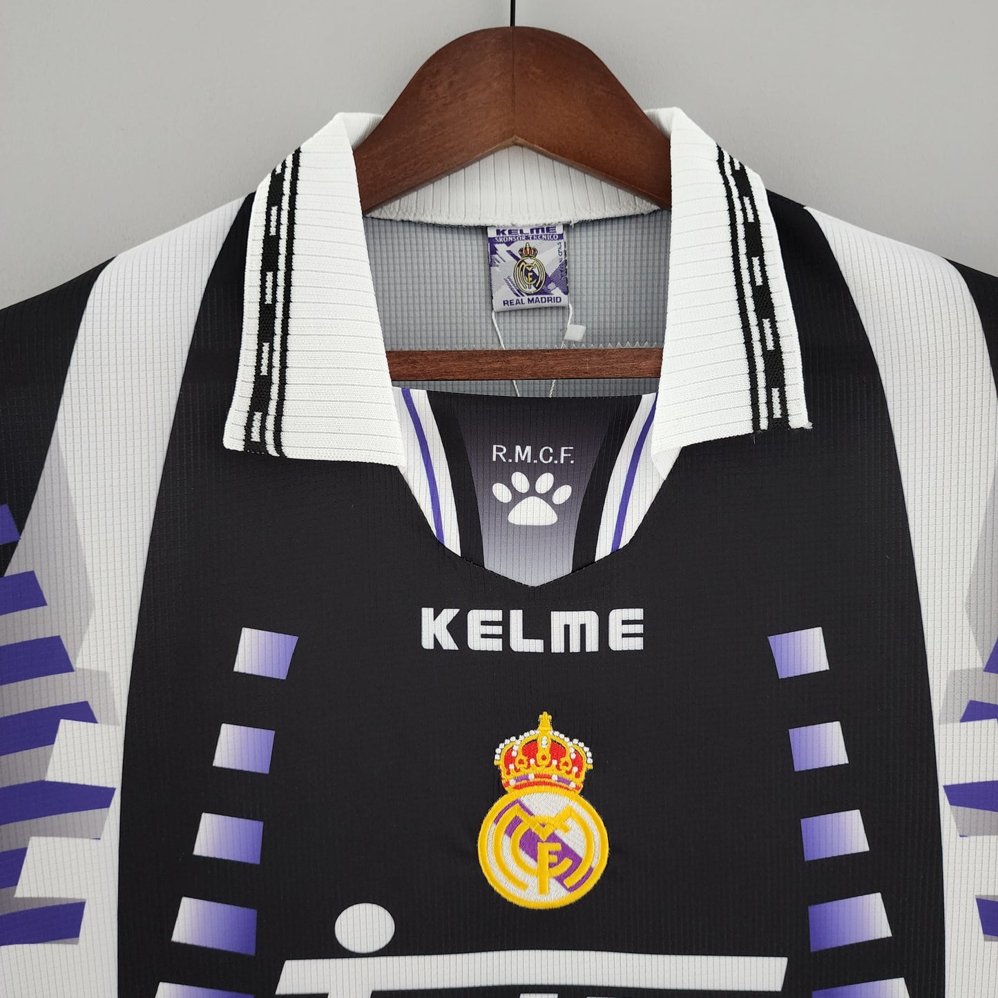 Real Madrid 1997-98 Third Retro Jersey – Kelme Black Purple Stripe Leopard Print Sleeve Kit | Champions League Winners Raul Era