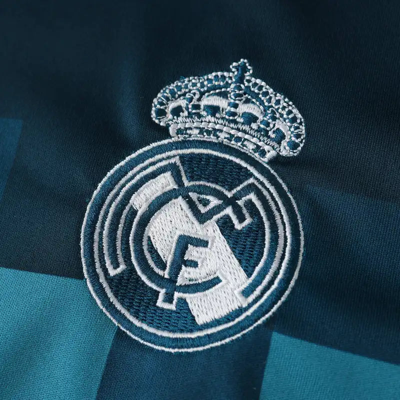 Real Madrid CF Third Retro Fan Version Jersey 2017/18 – Teal Football Shirt with Navy Pixel Block Design