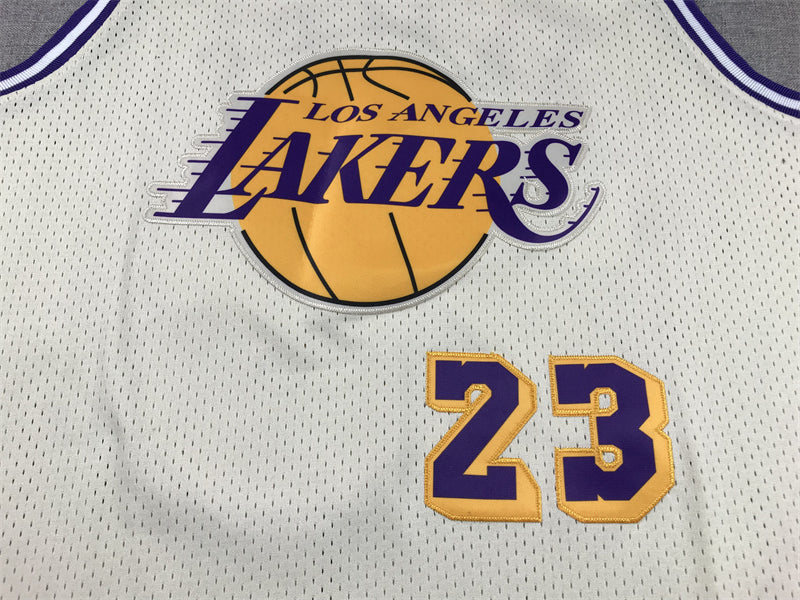 LeBron James #23 Los Angeles Lakers Cream Mitchell & Ness Hardwood Classics Retro Basketball Logo Swingman Jersey