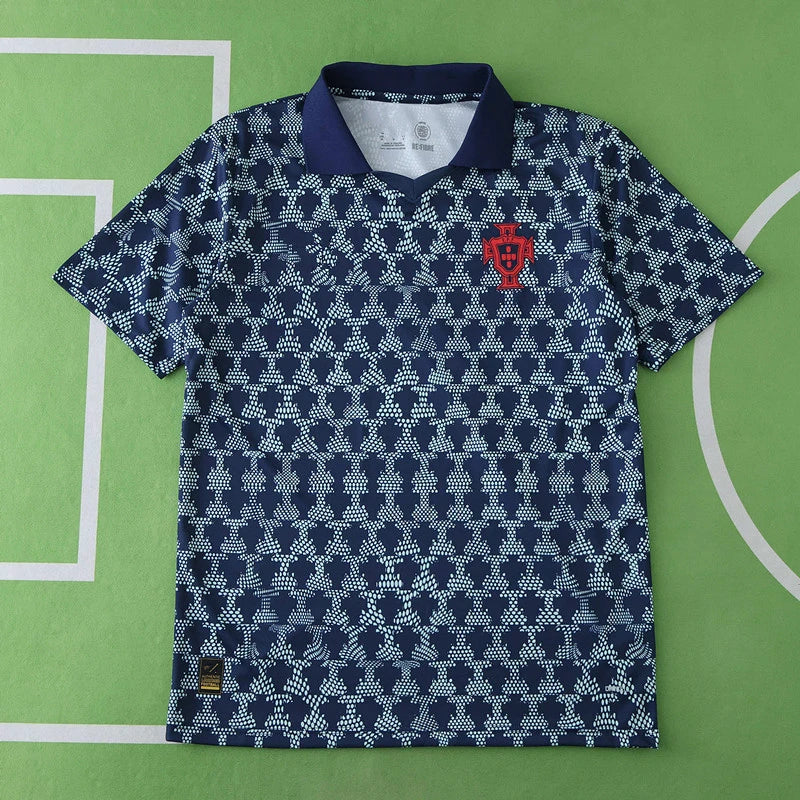 Portugal National Team Training Fan Version 2025/26 – Navy Blue Geometric Pattern Football Training Jersey | FPF Crest