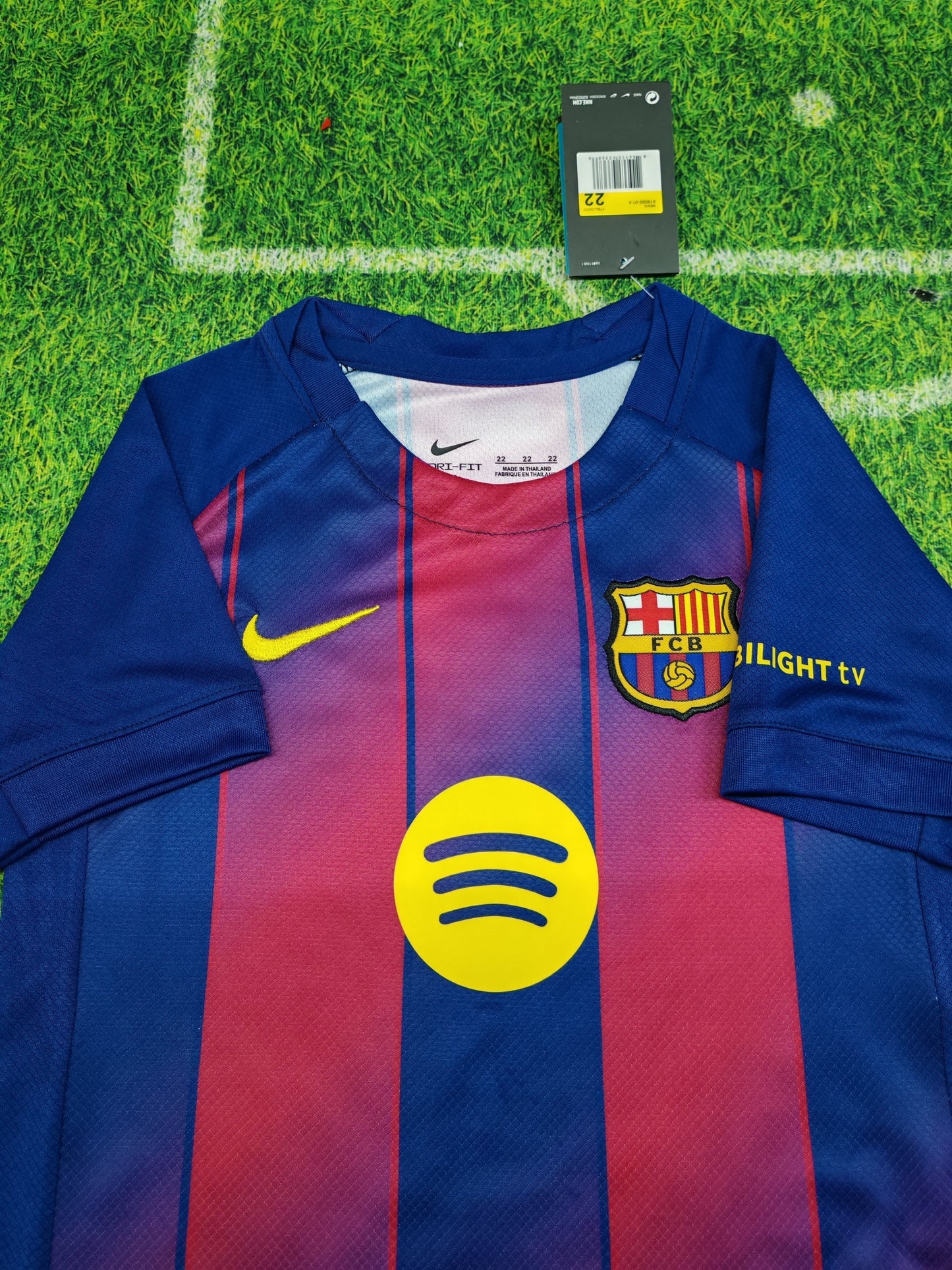 2025/26 FC Barcelona Home Kit for Kids - Jersey & Shorts Set - Royal Blue & Deep Red Vertical Wide Stripe - White Crew Neck - Yellow Nike Swoosh - FCB Crest - Spotify Yellow Sponsor