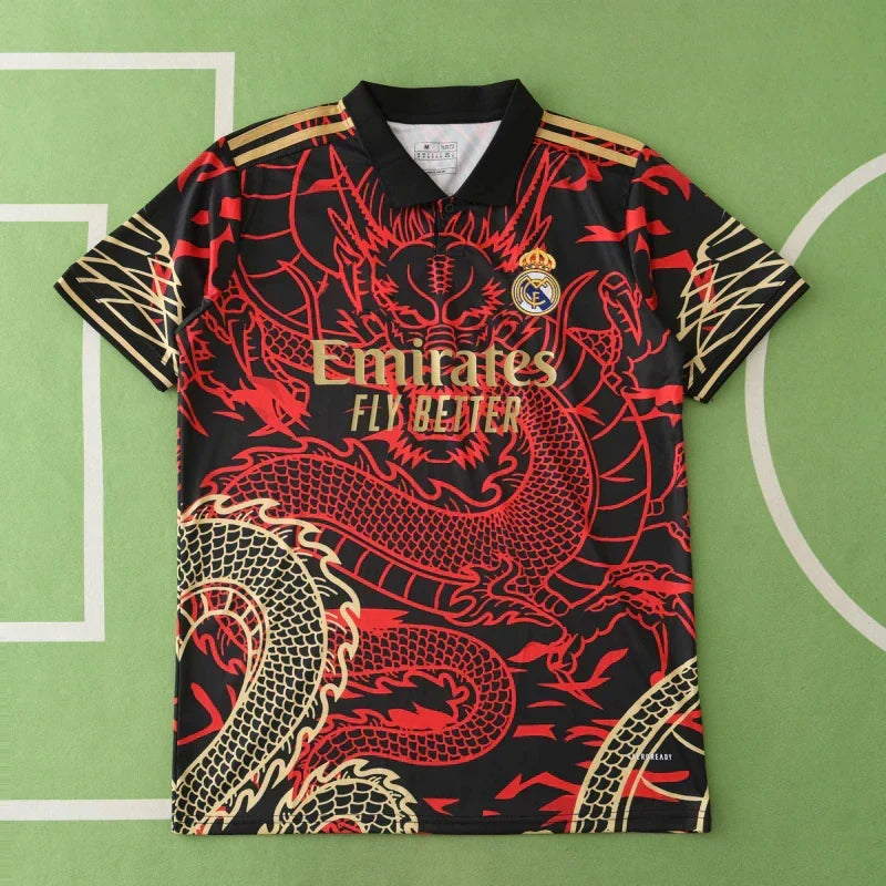 Real Madrid 2024/25 Black Red Gold Dragon Concept Jersey – Chinese New Year Adidas Fan Version