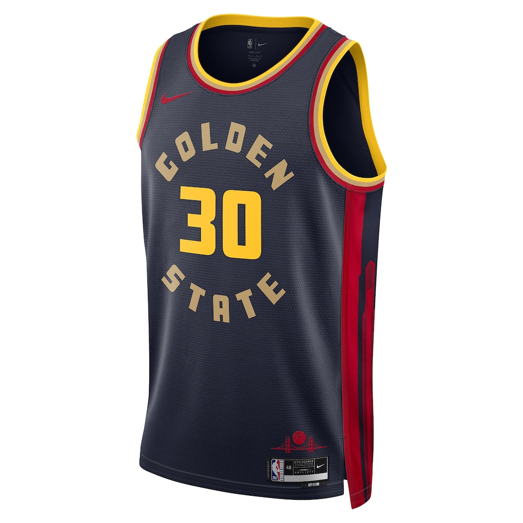 Stephen Curry #30 Golden State Warriors Navy 2024-25 City Edition "Golden State" Circular Badge Retro Serif Red Side Panel Swingman Jersey - S-XXXL