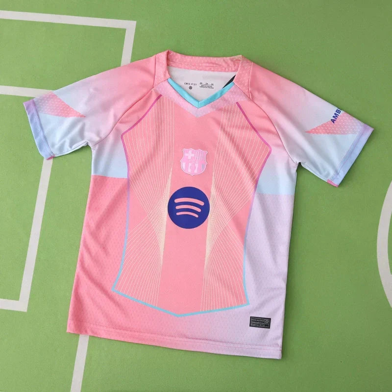 FC Barcelona Concept Kids Kit 2025/26 — Pink & White Jersey & Shorts Set with Player Name & Number