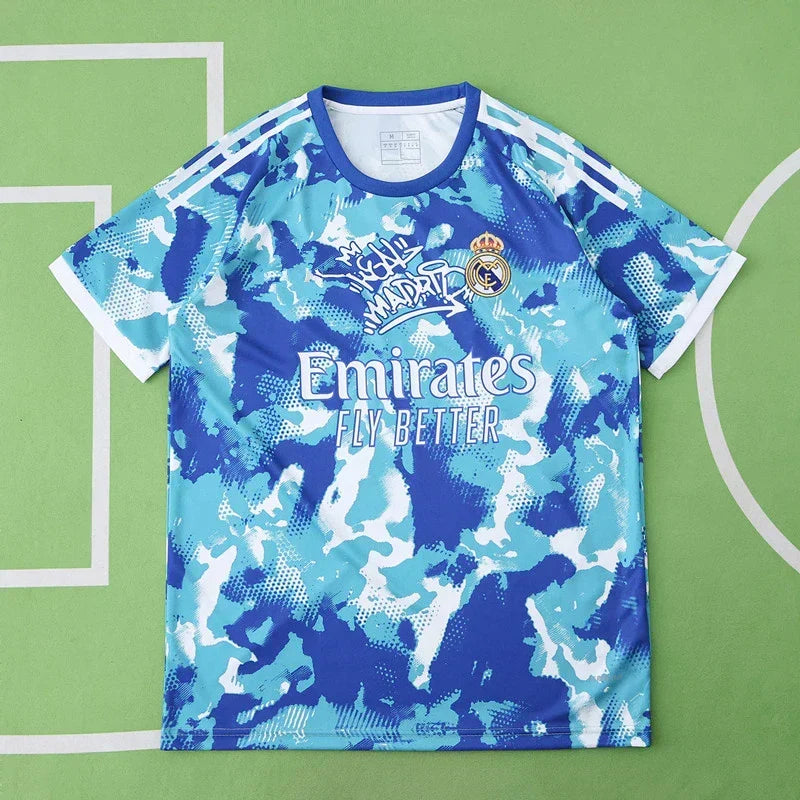 Real Madrid 2025/26 Blue Camo Graffiti Concept Jersey – Hala Madrid Street Art Adidas Fan Version