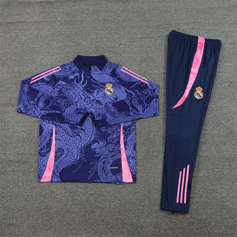 Real Madrid 2024/25 Purple & Pink Dragon Graphic Adidas Training Tracksuit – Quarter-Zip Polo Top & Tapered Pants | La Liga Special Edition