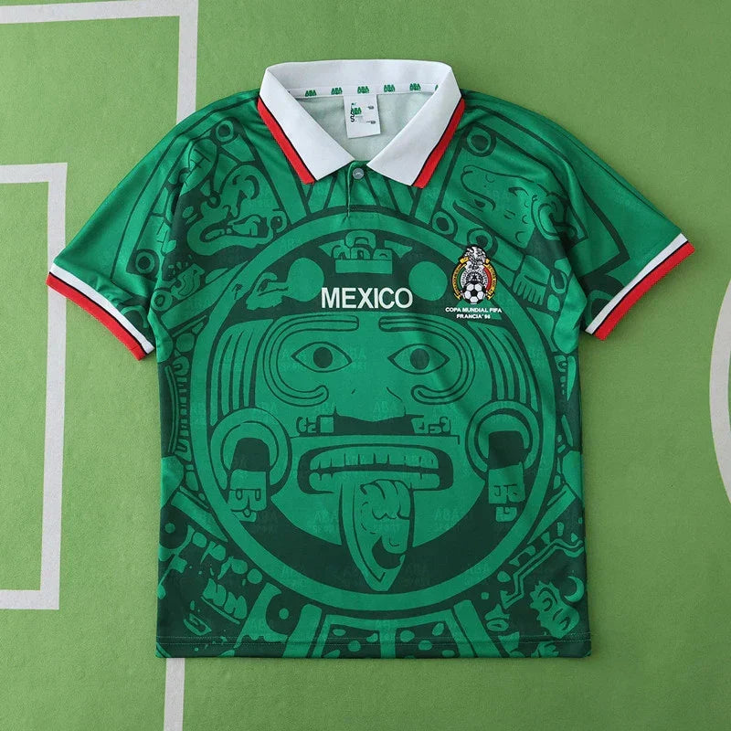 Mexico Home Retro Kids Kit 1998 – Green Aztec Sun Stone France World Cup Children's Football Shirt & Shorts Set