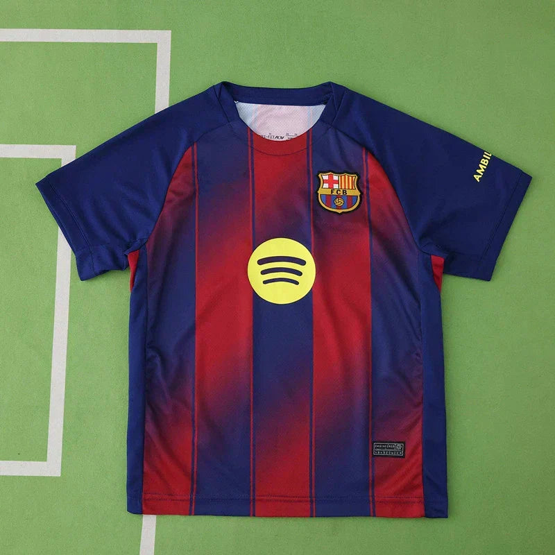 FC Barcelona Home Kids Kit 2025/26 — Blue Red Stripe Spotify Children Jersey & Shorts Set with Name