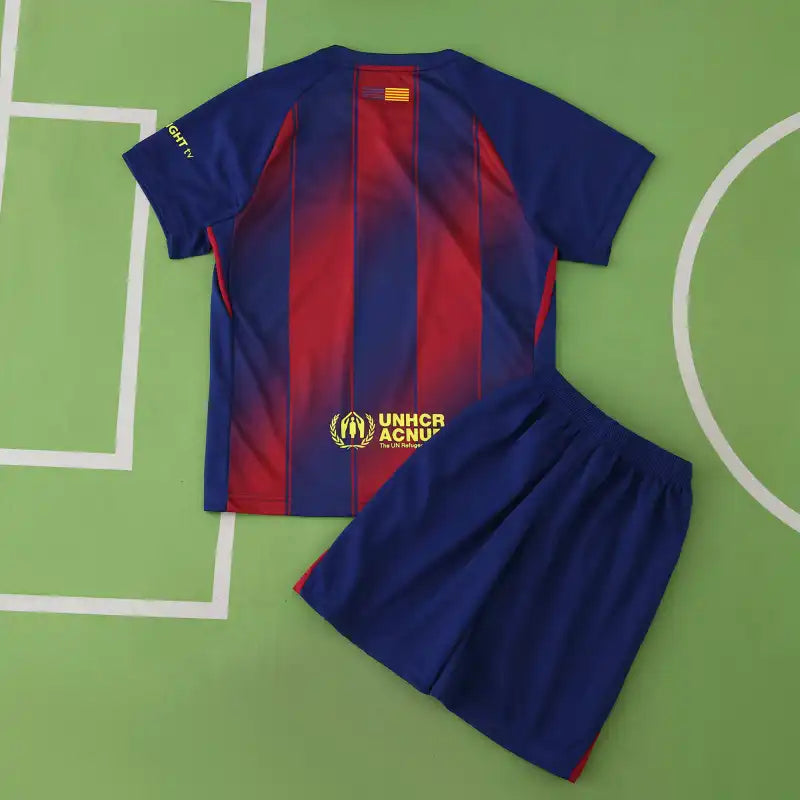 FC Barcelona Home Kids Kit 2025/26 — Blue Red Stripe Spotify Children Jersey & Shorts Set with Name