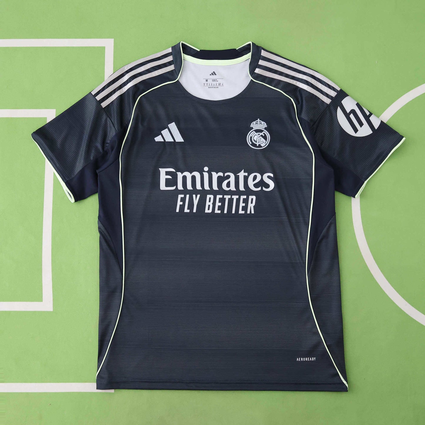 Real Madrid CF Away Fan Version 2025/26 – Dark Navy Adidas Horizontal Texture Jersey with Neon Trim | Emirates La Liga Football Shirt