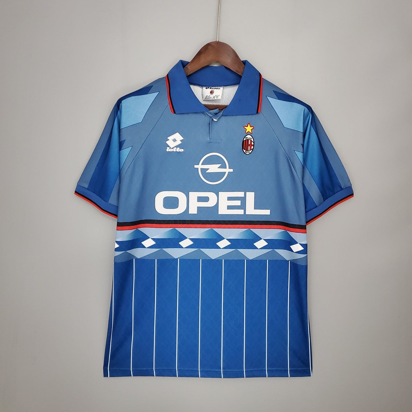 AC Milan 1995-96 Third Retro Jersey – Lotto Dual Blue Opel Geometric Pinstripe Maldini Weah Roberto Baggio Desailly Vieira Serie A Winner Fan Version Football Shirt