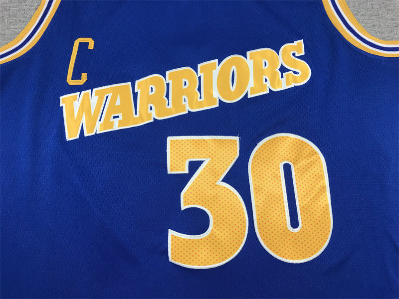 Stephen Curry #30 Golden State Warriors Royal Blue 2022-23 Classic Edition 1980s Retro Gold Italic Warriors Captain "C" Patch Bill Russell #6 Tribute Swingman Jersey