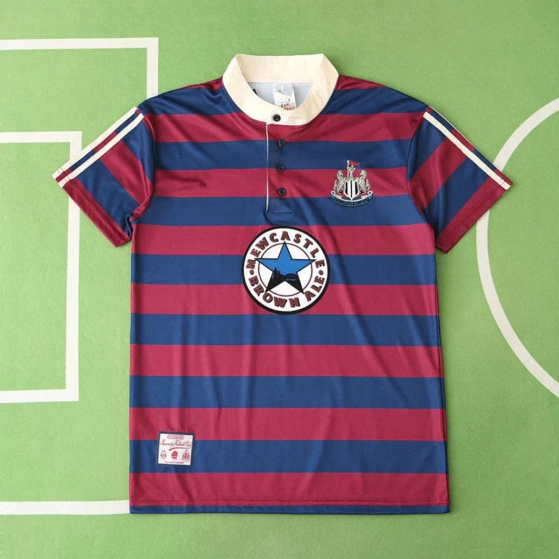 Newcastle United 1995-97 Away Retro Jersey – Blue & Red Stripe Brown Ale Fan Version