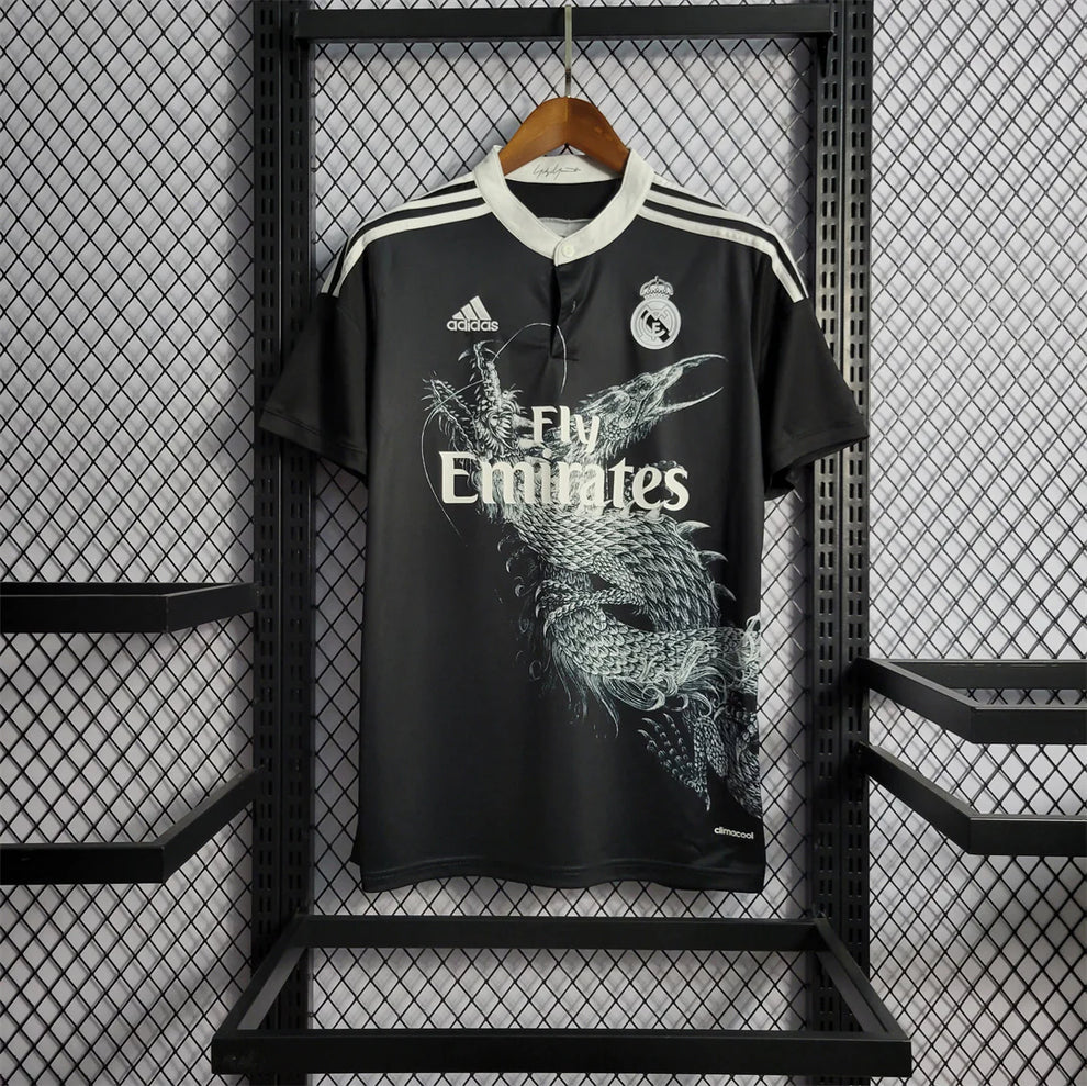 Real Madrid 2014-15 Third Dragon Jersey – Adidas Black White Dragon Print Fly Emirates Climacool Ronaldo Bale Benzema Ramos Modric Marcelo La Liga Champions League Fan Version Football Shirt