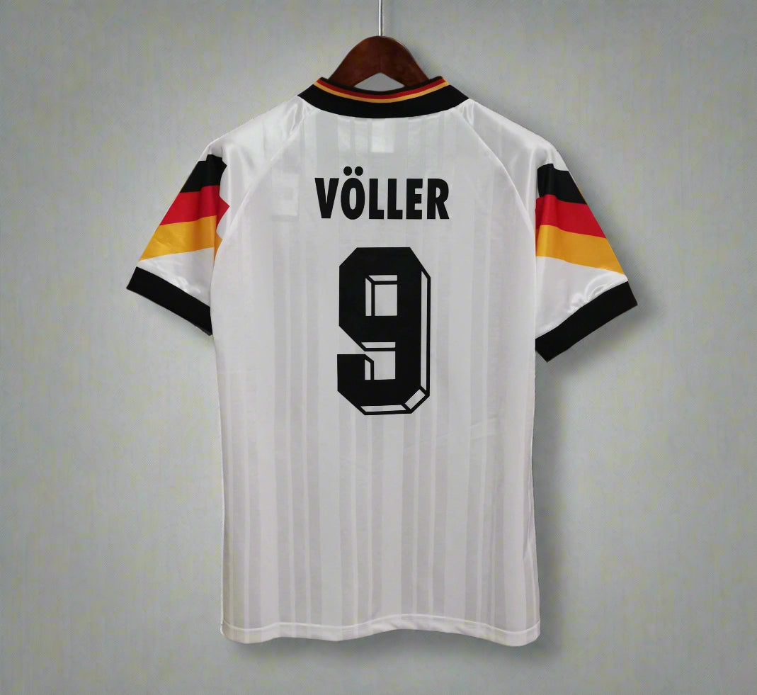 Germany 1992 Home Retro Jersey #9 – Euro 92 Adidas Equipment White Shadow Stripe German Flag Sleeve Kit