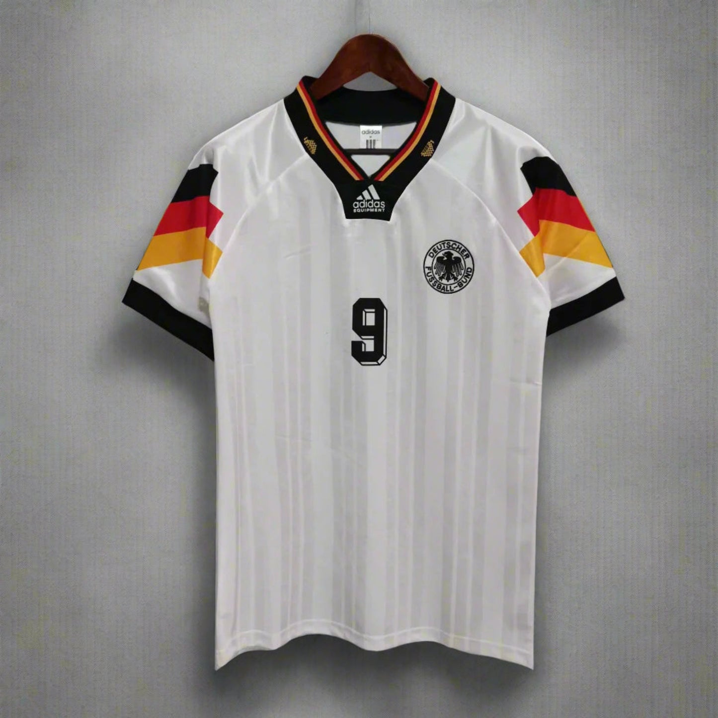 Germany 1992 Home Retro Jersey #9 – Euro 92 Adidas Equipment White Shadow Stripe German Flag Sleeve Kit
